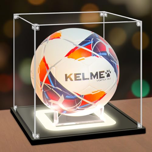 Nonemey Balón de Fútbol Vitrina con Luz,Caja de Fútbol de Acrílico con Protección UV Base Base Negra,Vitrina para Regalos Deportivos de Fútbol Autografiados,25x25x25 cm