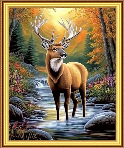 Image of Foxnyart Stamped Cross Stitch Kits Full Range of Embroidery Needlework Starter Kits for Beginners Adults 11CT Embroidery Patterns Art Crafts DIY Needlepoint Kit-Forest elk 16x20 inchs