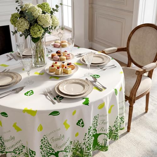 Image of Ganeen 6 Pcs Family Reunion Tablecloths Party Decorations 84 Inch Family Tree Reunion Green Tree Tablecloths Disposable Plastic Round Waterproof Table Covers for Spring Holiday Gathering Party Supply