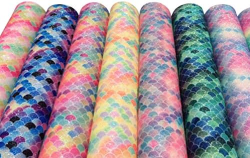 Exceart 8 Sheets 8 x 12 Gradient Glitter Leather Fish Scale Printed Faux Leather Fabric Crafts for Bag Hair Bow Earrings Jewelry Making