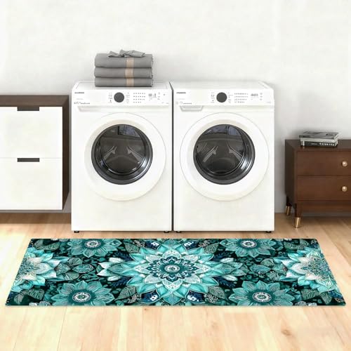 Boho Floral Laundry Room Rug Runner 47x20 Inch, Non Slip Washable Kitchen Mat, Teal Mandala Flower Absorbent Floor Runner Rug for Laundry Room, Bathroom, Entryway, Hallway Decor by LEIWEIHOPE - Used condition - Image 9