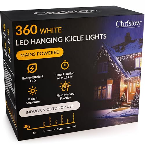 CHRISTOW Hanging Icicle Christmas Lights, 360 White LED, 10m Lit Length, Indoor & Outdoor, Mains Powered with Timer, 8 Flash Lighting Modes with Memory, Fairy String Light Xmas Decorations