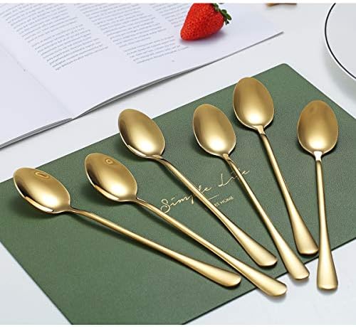Gold Iced Teaspoons, Kyraton Stainless Steel 19 cm Long Handle Mixing Stirring Bar Spoons with Gold Titanium Plating, Ice Cream Spoons, Cocktail Spoons, Latte Spoons Pack of 6