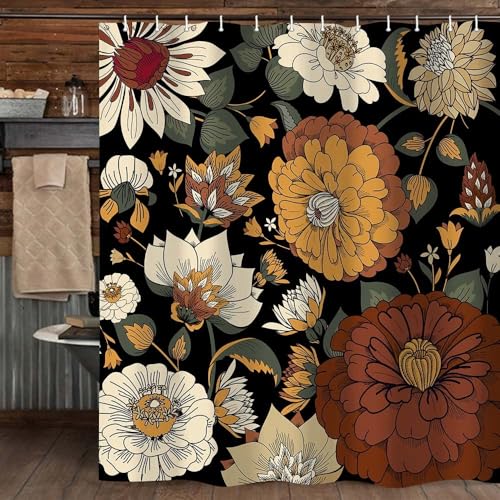 Boho Floral Botanical Shower Curtain, Mid Century Morden Abstract Bohemian Flowers Tropical Leaves Bathroom Curtain, Waterproof Fabric Bathroom Accessories with Hooks 69X70