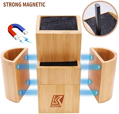 Universal Knife Block, Two-Tiered Slot-Less Kitchen Bamboo Knives Holder Knife Storage & Organiser Stand-Convenient Safe Storage for Large & Small Knives & Utensils-Easy to Clean Removable Bristles
