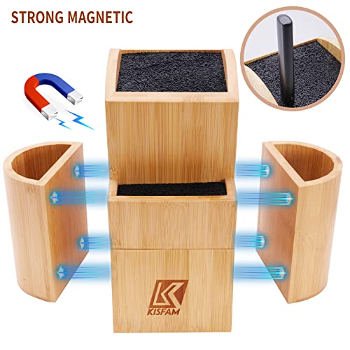 Bamboo Universal Knife Block Two-Tiered Slot-Less Wooden Knife Stand, Knife Organizer & Holder - Convenient Safe Storage For Large & Small Knives & Utensils - Easy To Clean Removable Bristles #TOP2