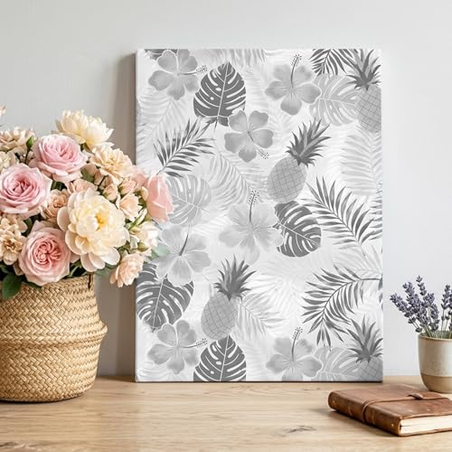 Grey Tropical Plants Canvas Wall Art, Summer Leaves Boho Floral Pineapple Framed Canvas Prints for Living Room Office, Large Gallery Wrapped Wall Decor for Home Office, Gifts, 16"x24" Ship Next Day
