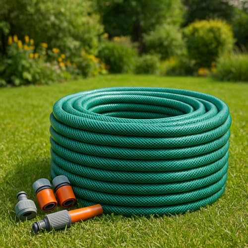 Heavy-Duty PVC Garden Hose Pipe with Spray Nozzle & Universal Fittings – Available in 15m, 20m, 30m, and 50m Lengths – Durable, Weatherproof, Anti-Twist Watering Hose for All Seasons (10 Meters)