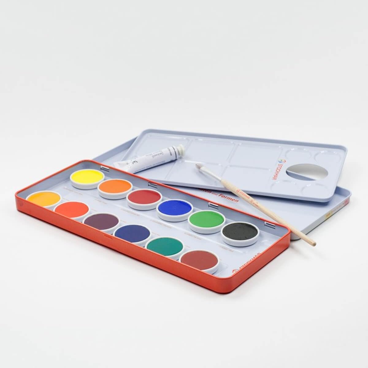 Stockmar Set di scatole di colori opachi (12 colori per pentole, tubo di vernice bianco opaco, pennello e tavolozza)