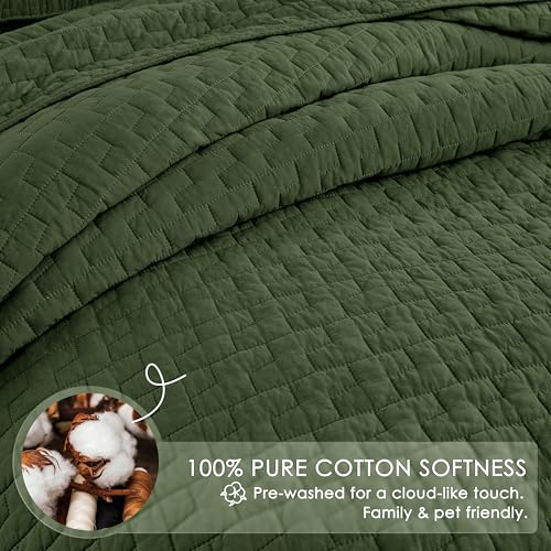 palassio Olive Green 100% Cotton Quilt Queen Size Bedding Sets with 2 Pillow Shams, Textured Lightweight Soft Bedspread Shabby Chic Coverlet, Quilted Comforter Bed Cover for All Season, 3 Pieces — view 4