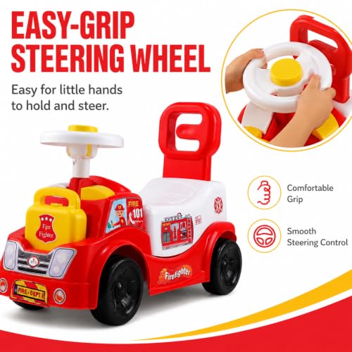 Image of Fire Fighter Ride On Toy for Kids 2-5 Years with LED Lights, Fire Truck Siren, Front & Rear Storage, Foot to Floor Ride On Car with Comfortable Backrest, Ride On Car for Boys & Girls
