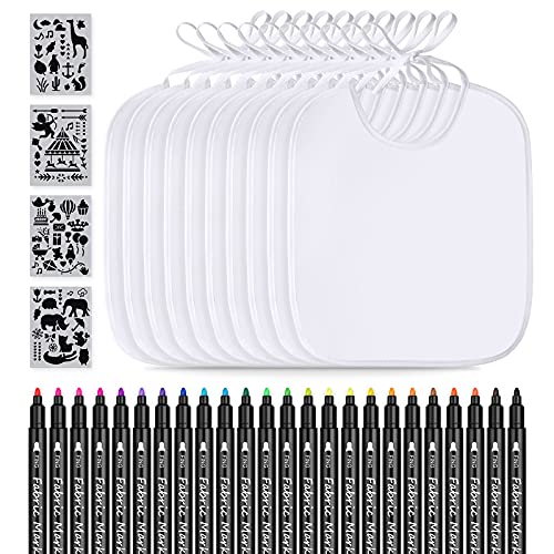 ANYUKE Baby Lätzchen zum Bemalen, 24 Textilstifte Waschfest und 10 Stück Weiß Lätzchen Baby mit 4 Schablonen, Lätzchen Bemalen für Babyparty, Geschenk für Babyparty Mädchen Junge, Babyparty Spiele Cover