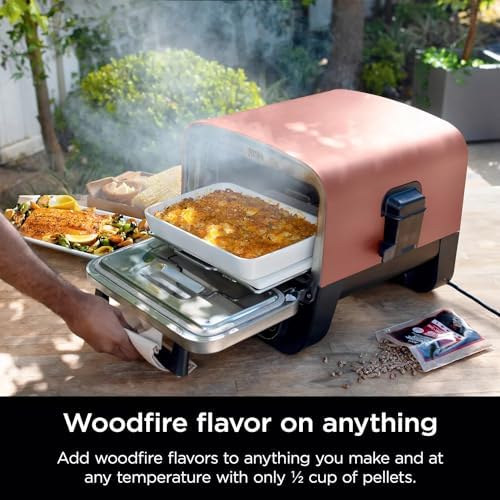 Ninja Woodfire Outdoor Pizza Oven, 8-in-1 Portable Electric Roaster Oven, Heats up to 700°F, 5 Artisan Pizza Settings, Integrated BBQ Smoker Box, Includes Flavored Wood Pellets, Grey (Renewed)
