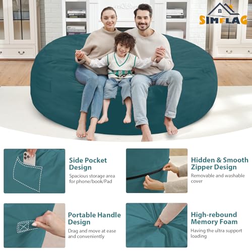 7FT Bean Bag Chair, Large Bean Bag Chairs with Memory Foam Filled, Fluffy Beanbag Sofa with Dutch Velvet Cover, Round BeanBag Chairs for Living Room, Playroom - Sea Blue