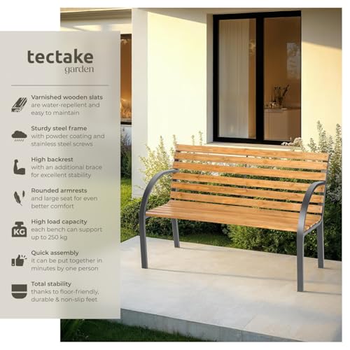tectake® Garden Bench - 2 Seater with Powder-Coated Steel Frame & Wooden Slats - Home & Outdoor Furniture Suitable for Use on a Terrace, Patio or Park - Weather-Resistant, Durable & Robust - Brown - Image 4