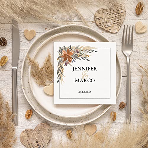 Indie Autumn Floral Personalized Wedding Beverage Napkins / 100 Custom Boho Floral Cocktail 3 Ply Napkins / 4 3/4" x 4 3/4" Bridal Shower Couples Engagement Party Napkin/Made In The USA