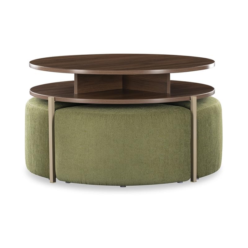 Image of FURLENCO Engineered Wood FOMO Nested Center Table with 4 Pouffs in Mushroom Beige, Space-Efficient Table Set for Living Room (Smoked Walnut - Small)