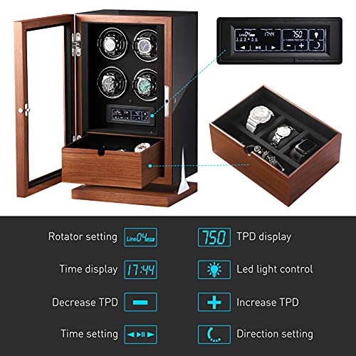 Iroll Watch Winder For 4 Automatic Watches With Ultra-Quiet Japanese Motors, Flexible Watch Pillow, Walnut Wooden Shell, Built-In Led Illumination And Lcd Touchscreen Control #TOP3