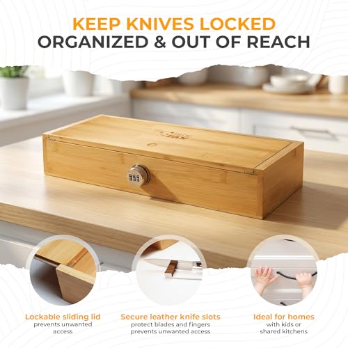 Kid Safe In-Drawer Bamboo Box, for Chef Knives or Steak Knives, with newly invented Beautiful Leather Holders. Only 5.5 Inches Wide. Best Knife Block Alternative! by TrueBlueBamboo - Image 4