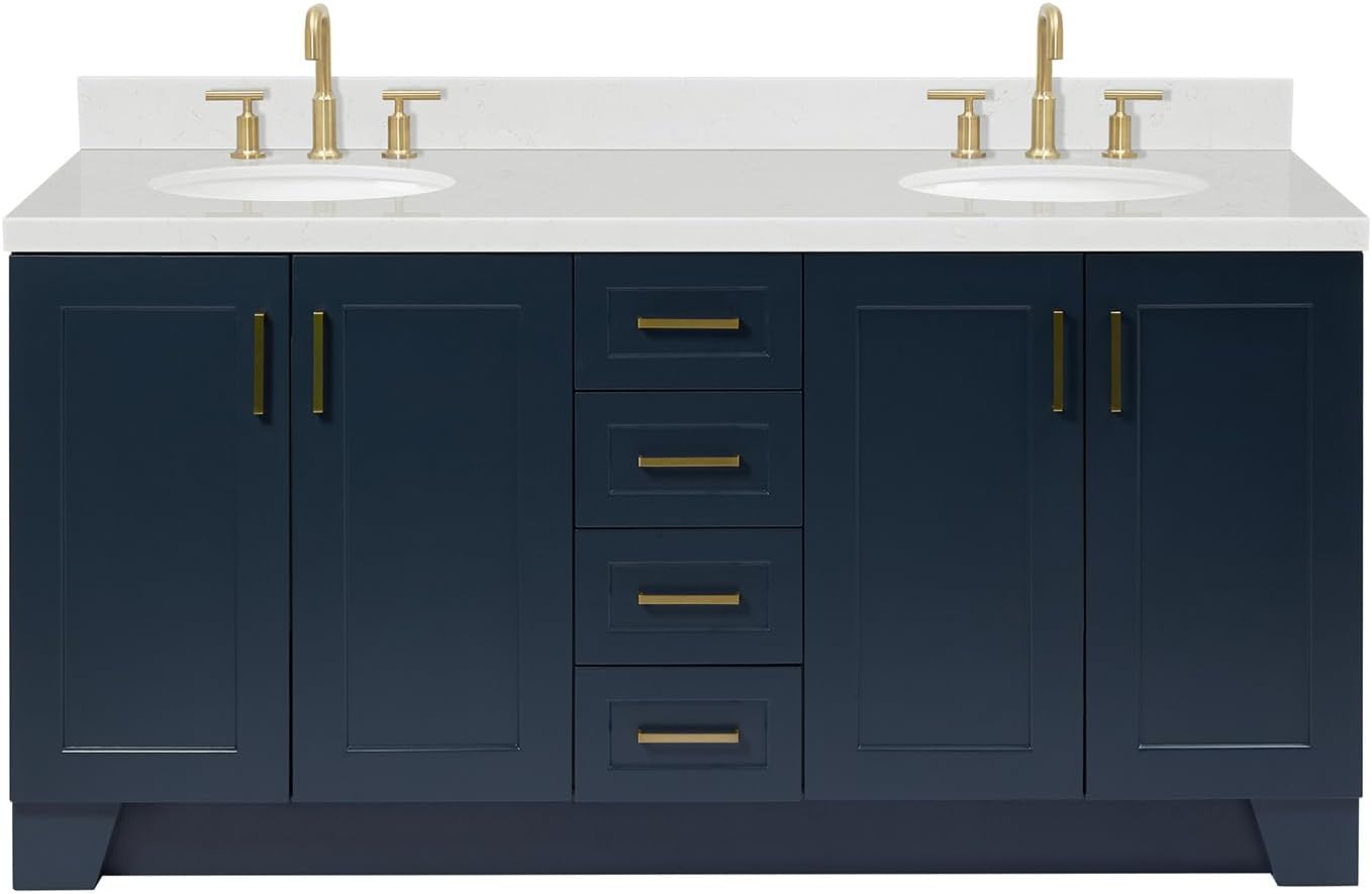 ARIEL Taylor 72-inch Bathroom Vanity with Sink,Solid Wood, 1.5-inch Carrara White Quartz Countertop & Backsplash, Double Oval Porcelain Sink, 4 Soft Closing Doors, 6 Dovetail Drawers, Midnight Blue