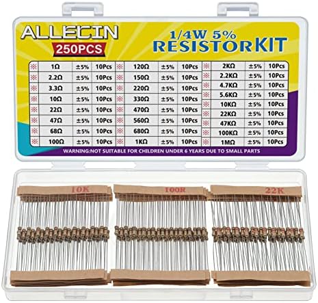 ALLECIN 25 Values 1/4W Resistor Kit from 1 Ohm to 1M Ohm 1/4 Watt 5% Carbon Film Resistors Assortment