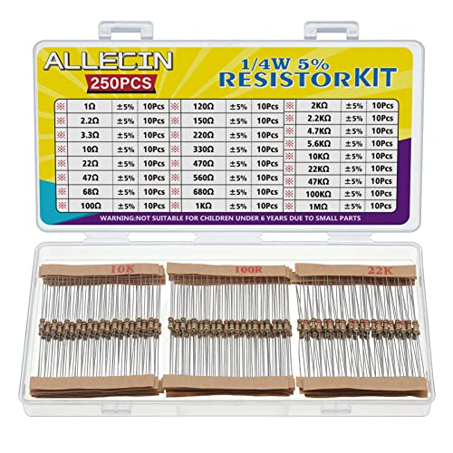 ALLECIN 25 Werte 1/4W Widerstand Sortiment 5% Toleranz von 1 Ohm bis 1M Ohm 1/4 Watt Kohlenstofffilm Widerstände Set 1/4 W Wiederstände Resistor Kit Carbon Film Wiederstand Elektronik
