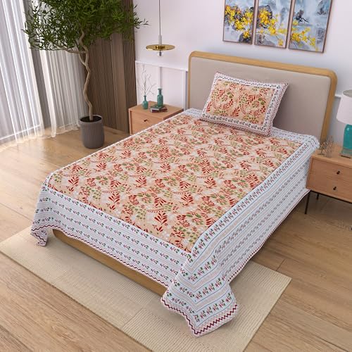 Image of 100% Cotton Single Bedsheet with 1 Pillow Cover | 240 TC Pure Cotton Flat Bed Sheet | Traditional Jaipuri Printed Bedding Set | Soft & Breathable | 60 x 90 Inch (Rangmahal Single 24)