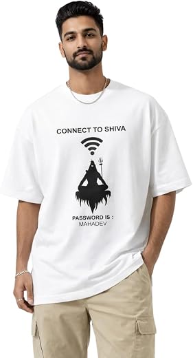 PrimeLinor Men Oversized Graphic T-Shirt Connect to Shiva Print | Mahadev Spiritual Design Cotton Relaxed Fit Casual Stree...