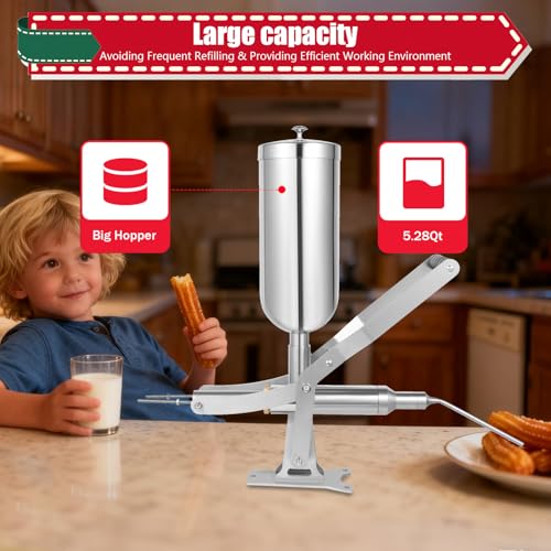 5.28QT /5L Donut Machine, Churro Jam Filling Machine, 304 Stainless Steel 248°F Brushing Mirror Treatment Surface Latin Fruit Manual Donut Filler W/4 Anti-Drip Filling Nozzles For Bakeries