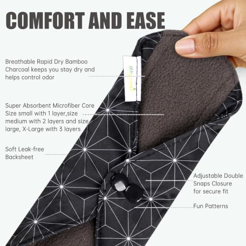Image of wegreeco Reusable Menstrual Pads, Incontinence Sanitary Period Cloth Pads for Women, Reusable Washable Feminine Panty Liners Heavy Flow, Charcoal, 5 Pack,1 Cloth Wet Bag (Small, Black Asanoha Pattern)