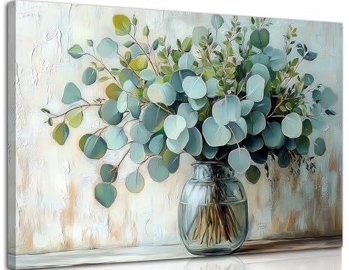 Eucalyptus Flower Glass Vase Canvas Wall Art Sage Green Canvas