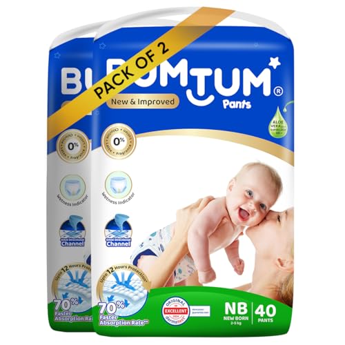 Bumtum Baby Diaper Pants, Newborn 1, 2-5 kg, Double Layer Leakage Protection Infused With Aloe Vera, Cottony Soft High Absorb Technology, 80 Diaper