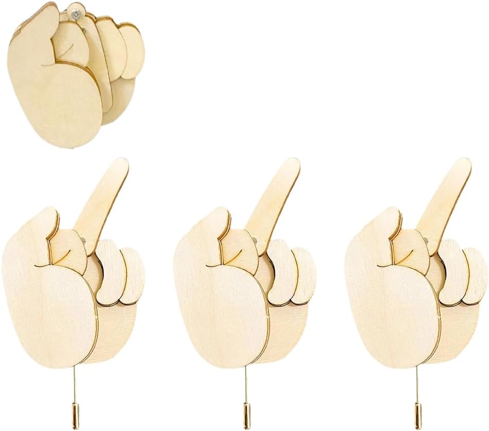 Funny Wooden Finger Brooch, New Middle Finger Pin DIY Kit, Wooden Flippable Finger Pins Gag Gift for Men Women, Interactive Mood Expressing Pin, Cool Middle Finger Gag Gift, White Elephant Gift (3Pcs)