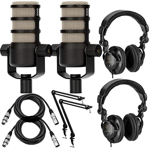 Rode 2X PodMic Dynamic Podcasting Microphone Bundle with Broadcast Arm with Internal Springs, H&A Studio Monitor Headphones, XLR M to F Mic Cable