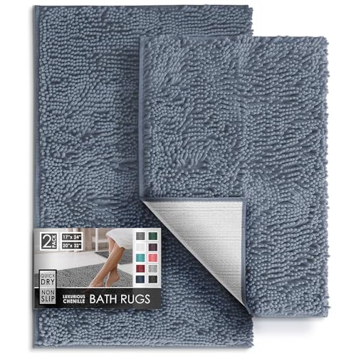 Hearth & Harbor Bathroom Rugs, Chenille Bath Mat - Machine Washable Bath Mats for Bathroom Non-Slip Backing Rubber, Quick Dry Bathroom Mat, 17 x 24 + 20 x 32 - Stone Blue by Hearth & Harbor - Used condition - US$21.33