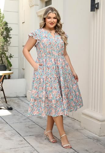 Image of Keluummi Plus Size Midi Dress for Curvy Women Wedding Guest Summer Floral Empire Waist Short Sleeve with Pockets