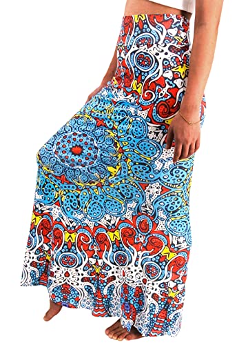 Novia's Choice Women's Summer High Waisted Maxi Long Skirt Full Length Pencil Skirt(Blue&Red Geometric) M #TOP3