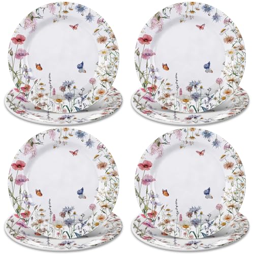 Qinyoung 8 Pcs 8 Wildflower Melamine Plastic Plates Unbreakable Dinner and Salad Plates for Wedding Baby Shower Birthday Party Supplies Decorative Dinnerware Set for Everyday Use