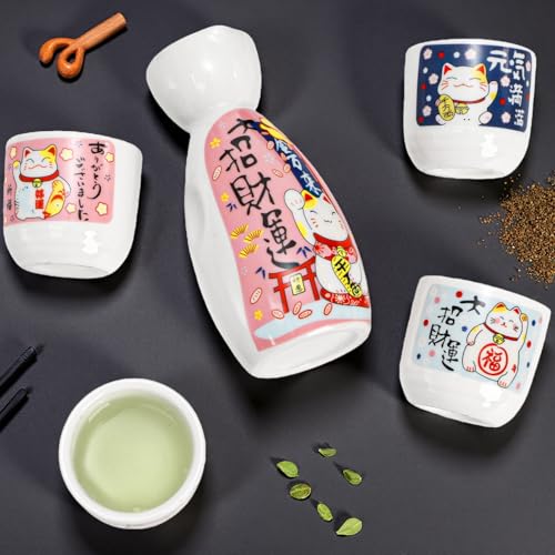 Image of Goaste 5 Pieces Ceramic Japanese Sake Set, Durable Maneki Neko Sake Cups, Handmade Pottery Sake Glasses with 1 Bottle and 4 Cups in Cute Fortune Cat Pattern for Home Decoration, Gifting