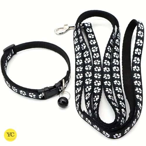 Image of YellowCult Dog /Cat Collar Leash Set with Adjustable Soft Nylon Paw Print Pet Collar for Cats, Puppies, Small Dogs, Fat Rabbits Walking Training, Bell & Quick Release Buckle Safety Lock -[Black]