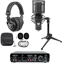 Rockville Podcasting Bundle R-TRACK 2x2 USB Interface 24 Bit 192kHz, RCM02 Condenser Mic Metal Shock Mount, PRO-M50 Headphones, RDTS Adjustable Tripod Stand, for 1-Person Podcast, 4-items