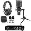Rockville Podcasting Bundle: R-TRACK 2x2 USB Interface 24 Bit 192kHz, RCM02 Condenser Mic Metal Shock Mount, PRO-M50 Headphones, RDTS Adjustable Tripod Stand, for 1-Person Podcast, 4-items