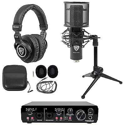 Rockville Podcasting Bundle: R-TRACK 2x2 USB Interface 24 Bit 192kHz, RCM02 Condenser Mic Metal Shock Mount, PRO-M50 Headphones, RDTS Adjustable Tripod Stand, for 1-Person Podcast, 4-items