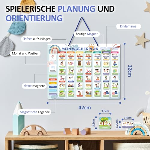 BIROYAL Wochenplaner für Kinder | Montessori Magnettafel inkl. 184 Magnete & Kordel | Kalender beschreib- & abwischbar | magnetisches Lernspielzeug auf Deutsch für Kinder, Regenbogen