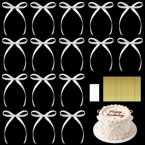 50pcs White Satin Ribbon Bow Cake Toppers Kit Glue Dots and Gold Ties