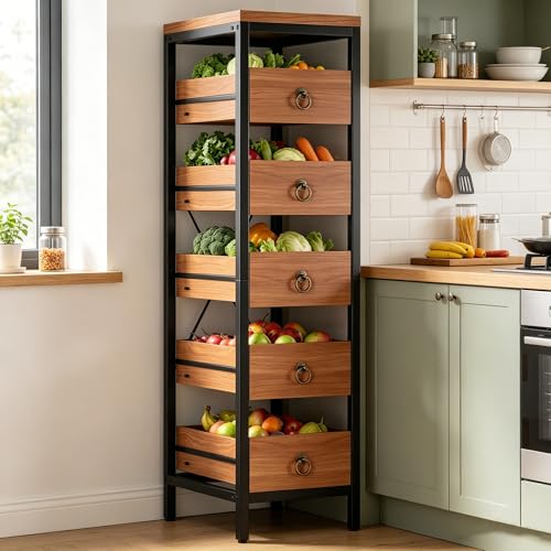 5-Tier Potato and Onion Storage Bins, Wooden Snack Storage Basket Drawers by IDEALHOUSE - Used condition - CA$83.69
