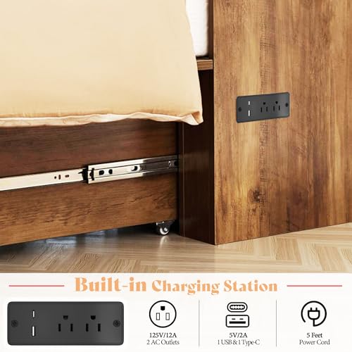 Image of AMERLIFE Twin Murphy Bed Cabinet with Charging Station and Storage Drawer, Farmhouse Foldable Platform Bed for Home Office, Apartment, Small Spaces, Barnwood