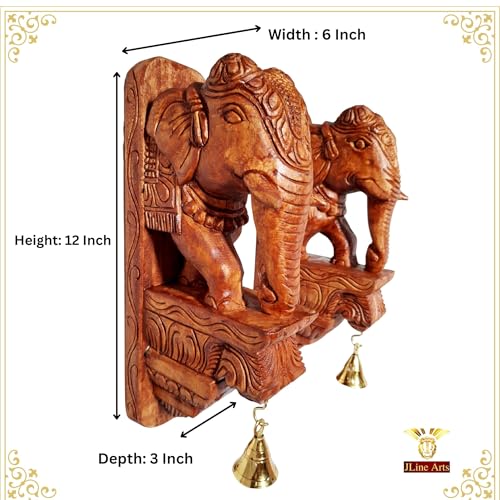 Image of Wooden Elephant Wall Bracket Pair 12 Inch Hand Carved Wood Wall Hanging with Brass Bells | Traditional Elephant Corbel Shelf Decor (Set of 2)