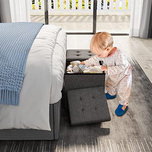 YITAHOME Fabric Storage Box Ottoman, Folding Toy Box Ottoman with Storage, 38X38X38cm Tufted Foot Rest Bench for Bedroom, Hallway, Living Room, Campervan,Dark Grey