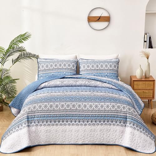 WONGS BEDDING Boho Queen Quilt Bedding Set, 3 Pieces Bedspread,Light Blue